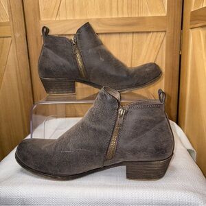 Brown Ankle Boots with Side Zippers and Stacked Heel